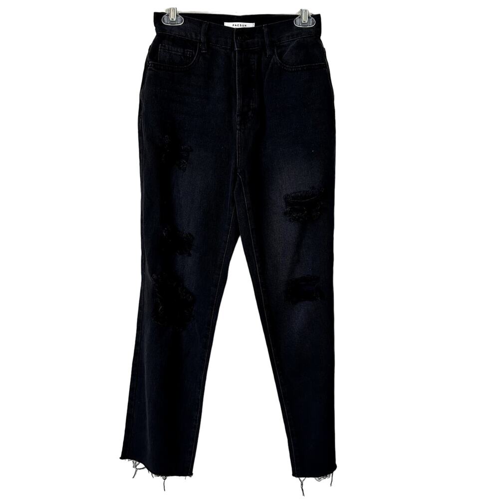Pacsun High Rise Straight Jeans Size 24 Black Denim Button Fly Distressed Raw